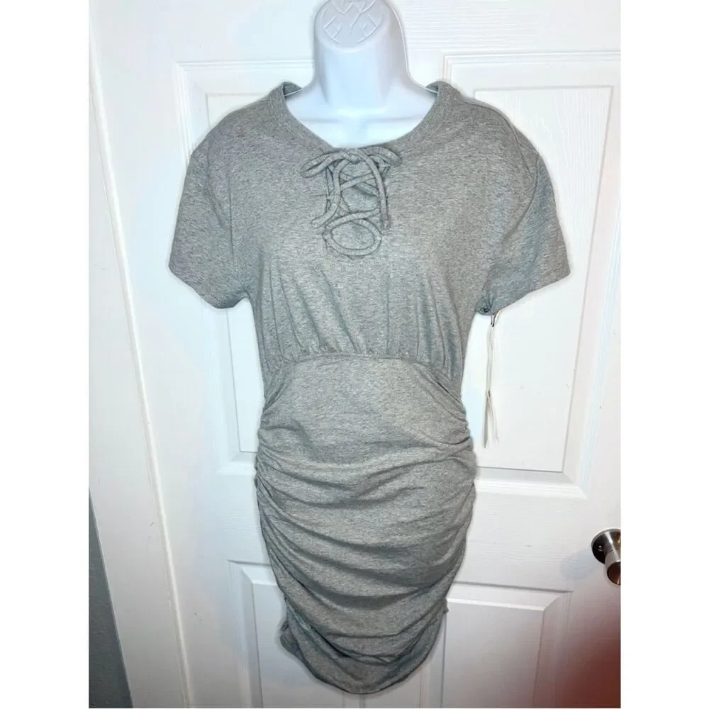 Anthropologie Field Play Short-Sleeve Ruched Mini Dress Lace-Up Gray M NWT - Picture 5 of 13